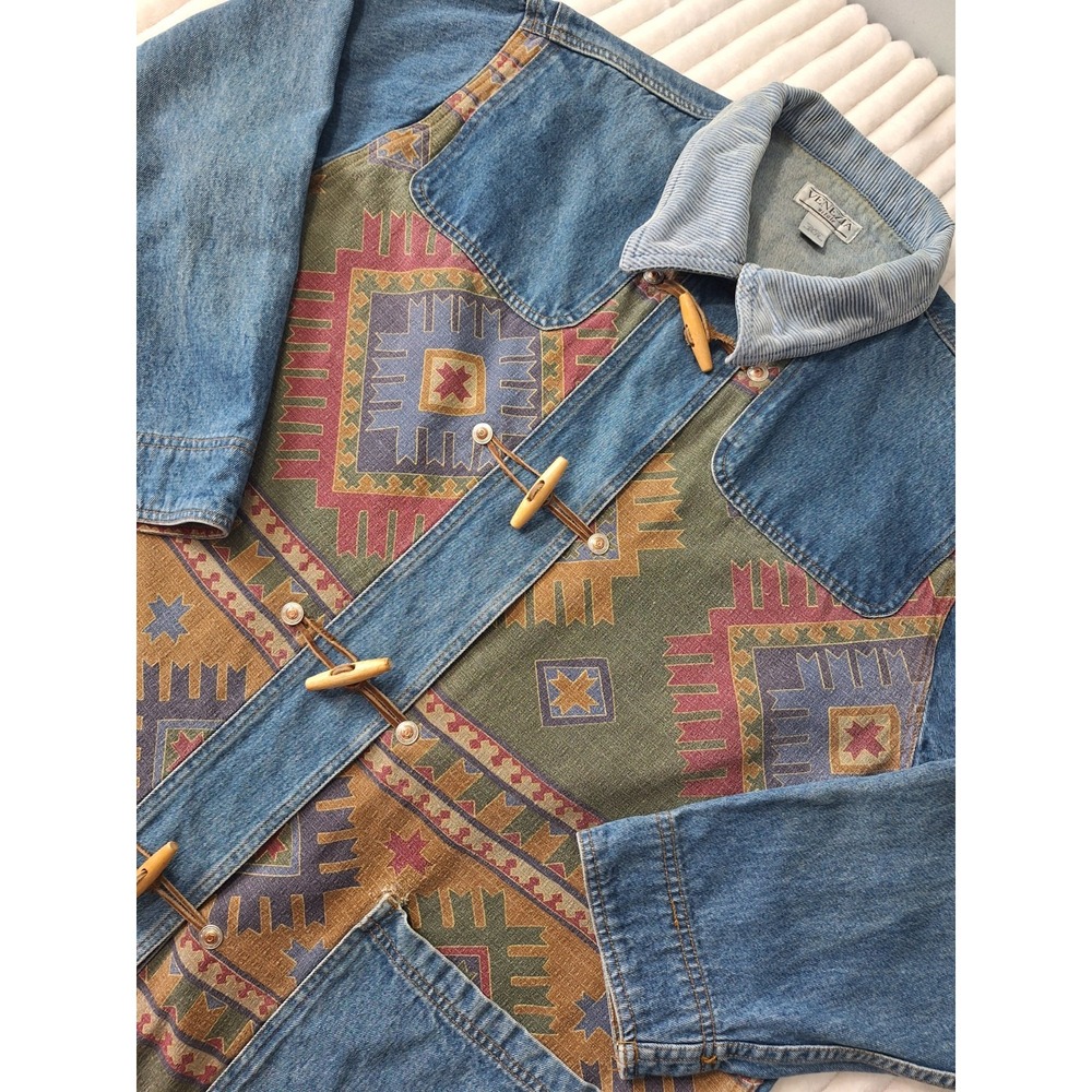 Vtg Denim Corduroy Collar Chore Barn Field Jacket Womens 26/28 Blue Aztec Tribal